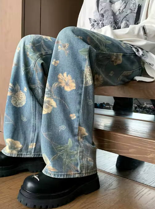 Vintage Floral Wide-Leg Jeans – High-Waisted Streetwear Denim