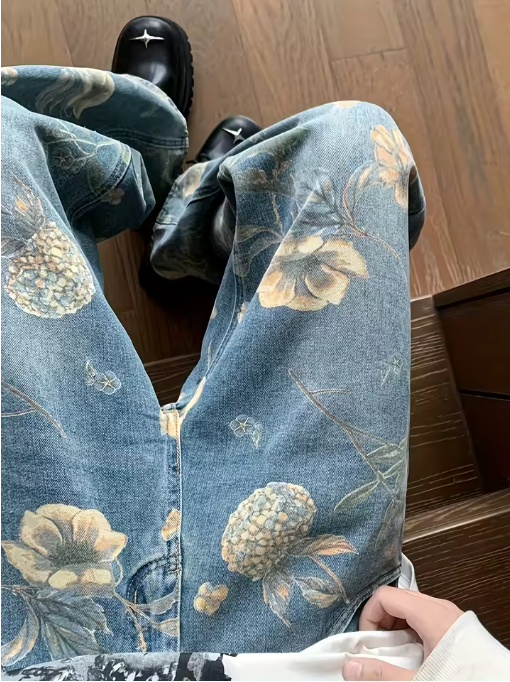 Vintage Floral Wide-Leg Jeans – High-Waisted Streetwear Denim