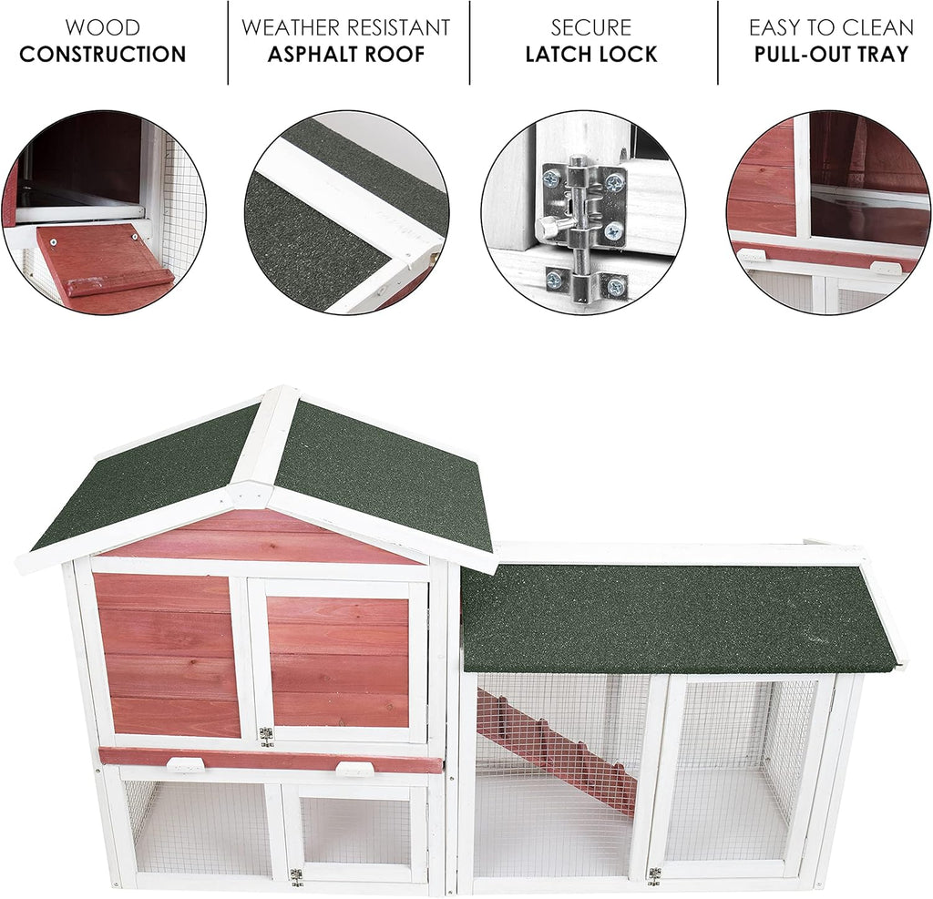 Deluxe Two Tier Wooden Chicken Coop Habitat, Hutch Hen Nest for Backyards and Outdoors, Red