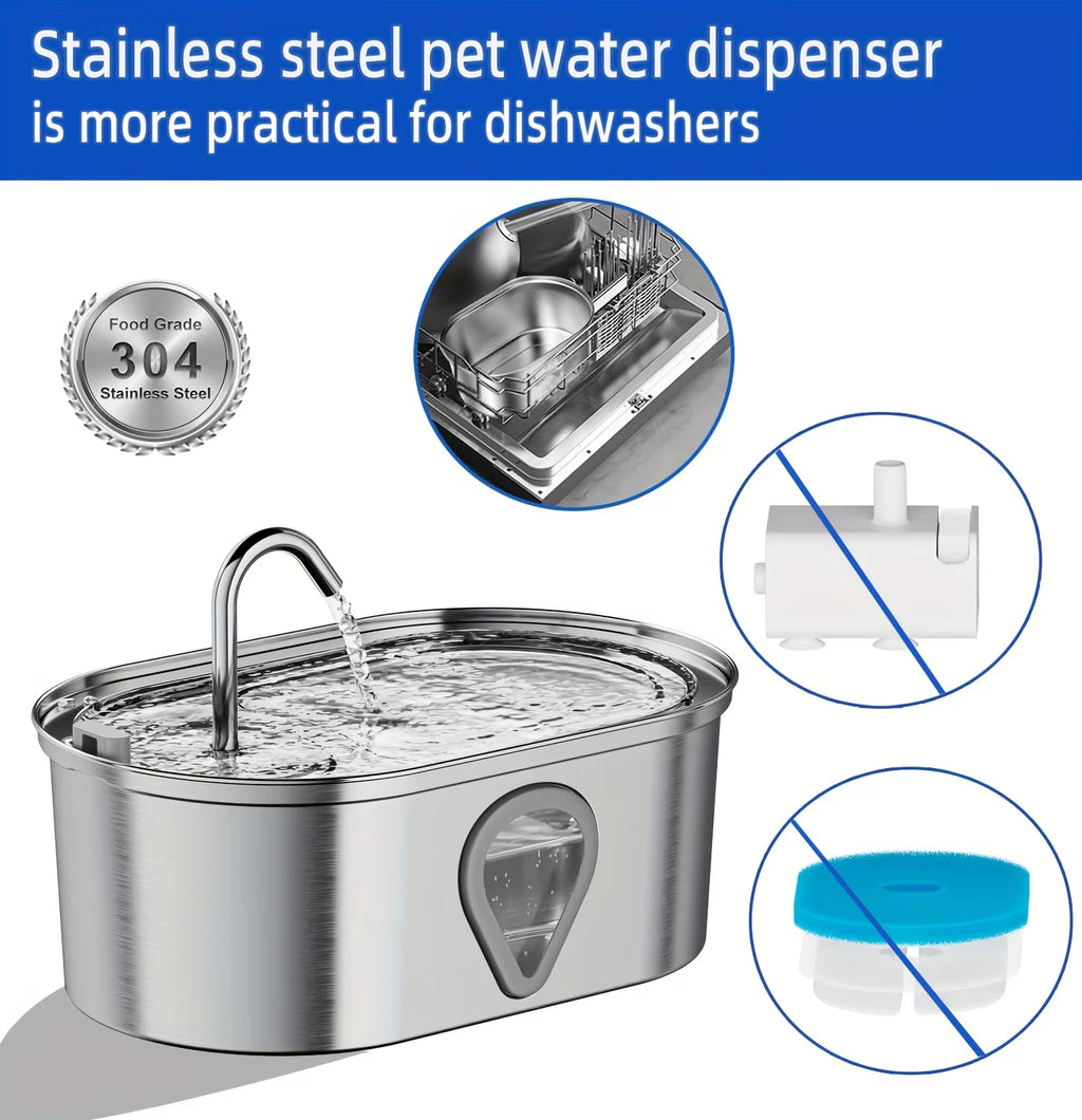 3.5L Large Capacity Pet Water Dispenser Automatic Stainless Steel Cat Water Fountain with Transparent Window Observe Water Level
