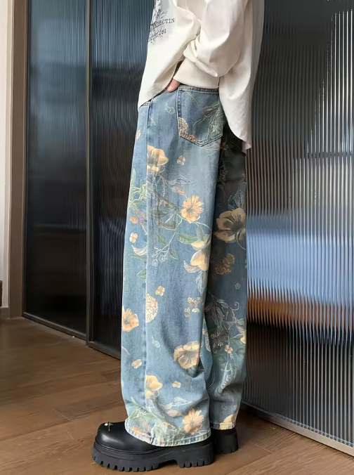 Vintage Floral Wide-Leg Jeans – High-Waisted Streetwear Denim