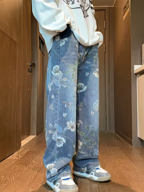Vintage Floral Wide-Leg Jeans – High-Waisted Streetwear Denim
