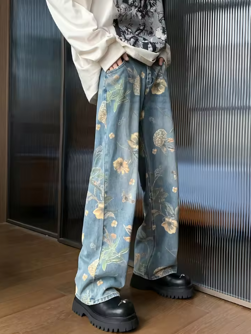 Vintage Floral Wide-Leg Jeans – High-Waisted Streetwear Denim
