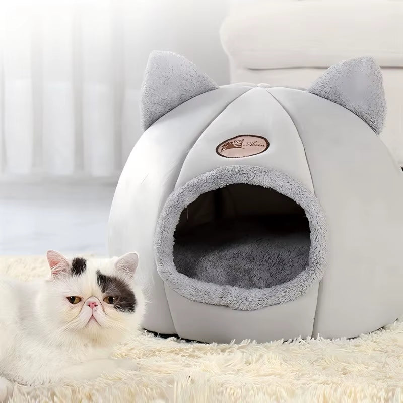 Cat Bed with Ear Design for Small to Large Cats - Warm, Comfortable, and Machine Washable for Winter Use